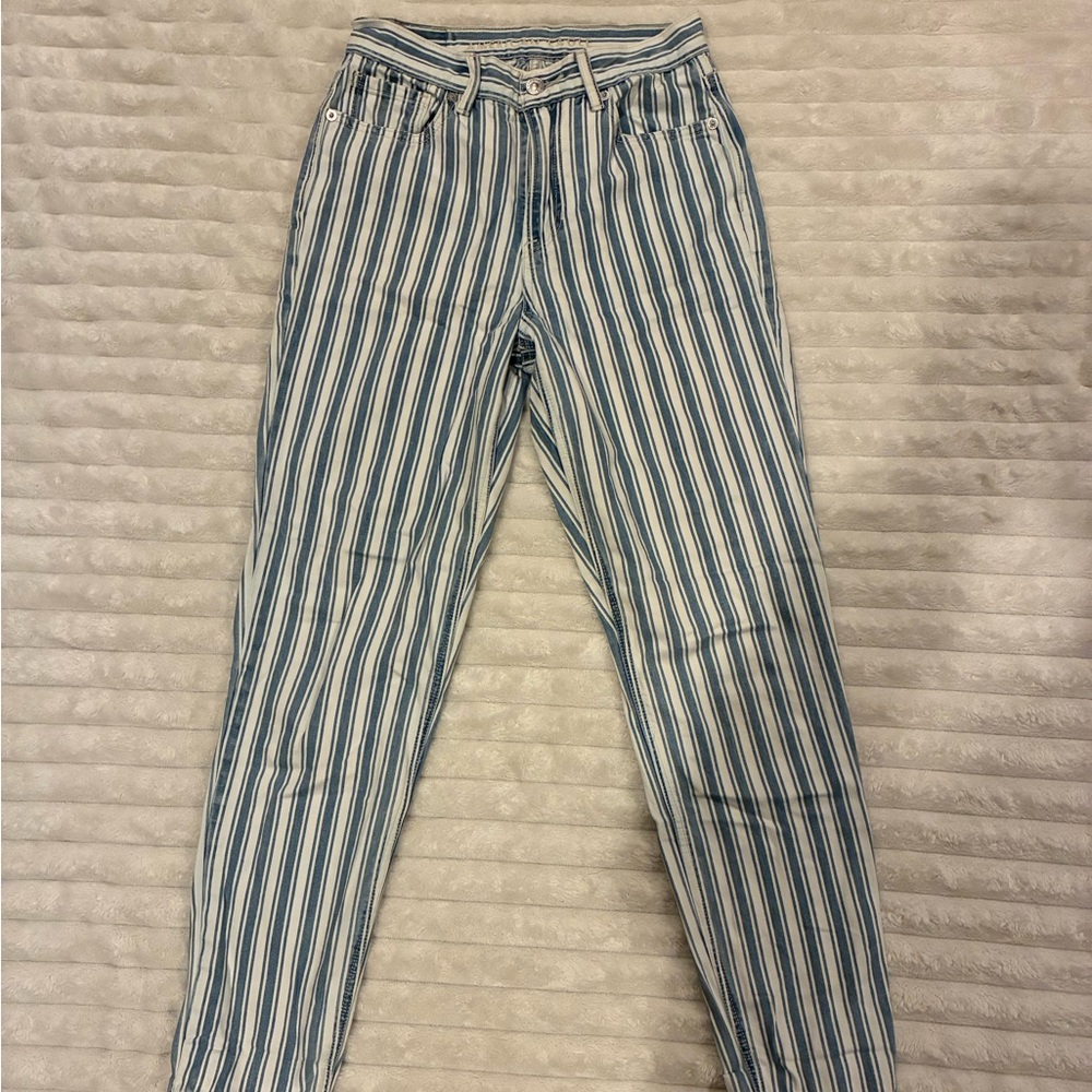American Eagle Blue and White Striped Mom Jeans